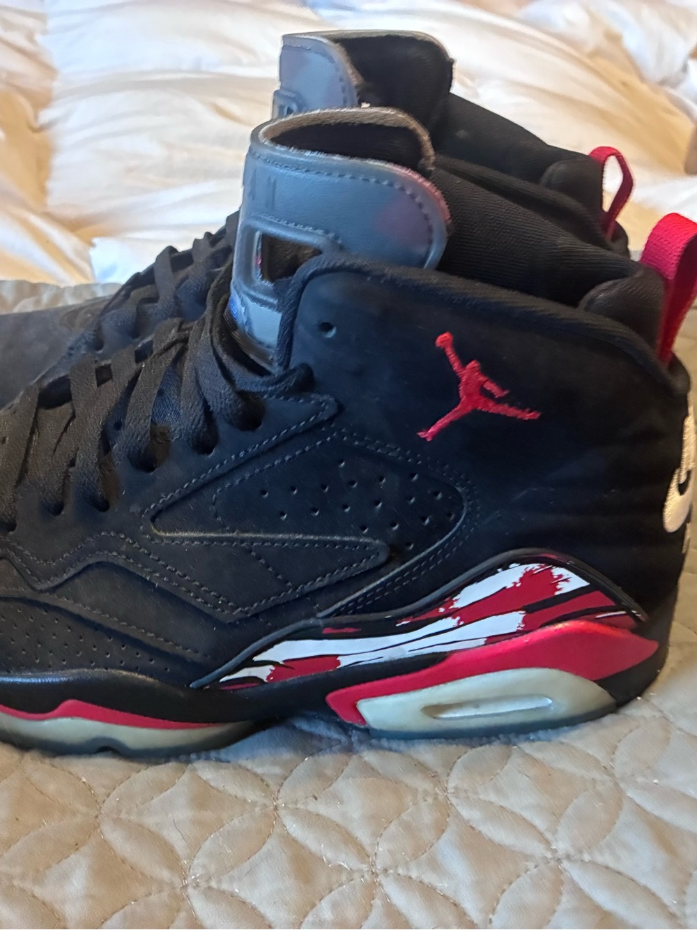 Jordan Kids Black and Red High-Top Sneakers with Pink Pull Tab